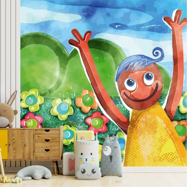 Happy Child wallpaper, meadow, flowers 0483 - Decor for a children\'s room. Light-colored walls, wooden accents.