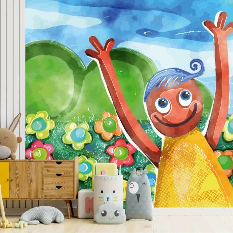 Happy Child wallpaper, meadow, flowers 0483 - Decor for a children\'s room. Light-colored walls, wooden accents.