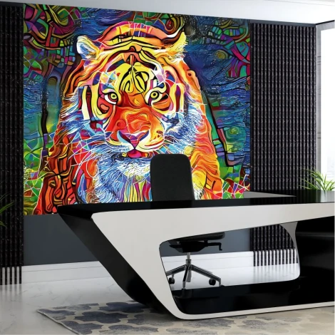 Tiger wall mural, colorful abstract pattern 0474 - Office arrangement with dark walls and modern furniture.