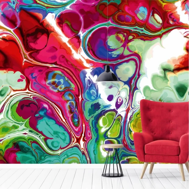 Abstract patterned wallpaper, colorful marble 0481 - Living room arrangement. Red, green, and blue spots create a vibrant look.