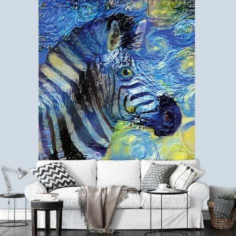 Zebra wallpaper in Vincent van Gogh style, impressionist portrait 0470 - Living room arrangement with light walls.