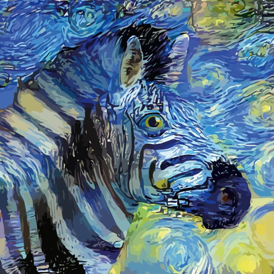 Zebra wall wallpaper in Vincent van Gogh style, impressionist portrait 0470 - Graphic pattern.