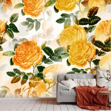 Yellow Roses Wallpaper 0487 - Living room decor with light-colored walls and a light sofa.