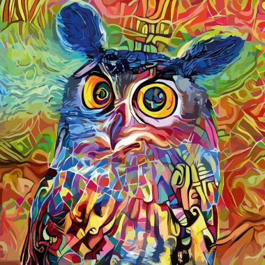 Owl wallpaper in impressionist style 0472 - Graphic design featuring an owl in vibrant colors with geometric patterns.