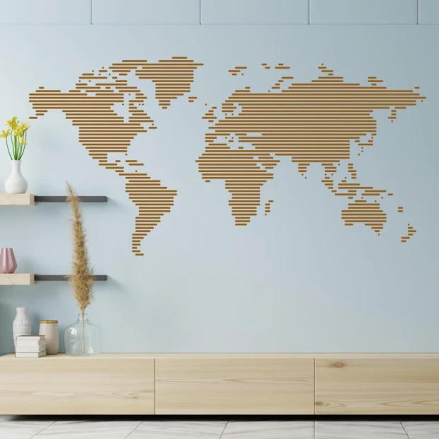 Stylish world map sticker in wood tones, perfect for a modern living room, adding a unique touch.