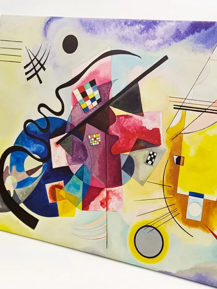 Reproduction of Yellow-Red-Blue by Wassily Kandinsky - Graphic pattern with geometric shapes in vibrant colors and lines.