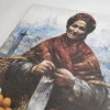 Reproduction of Jewish Woman with Oranges by Aleksander Gierymski. Woman in a red coat holding a basket.