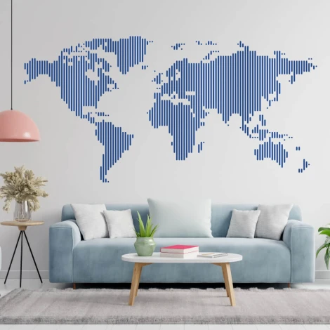 Stylish world map in shades of blue, perfect for a modern living room, adding character and charm.