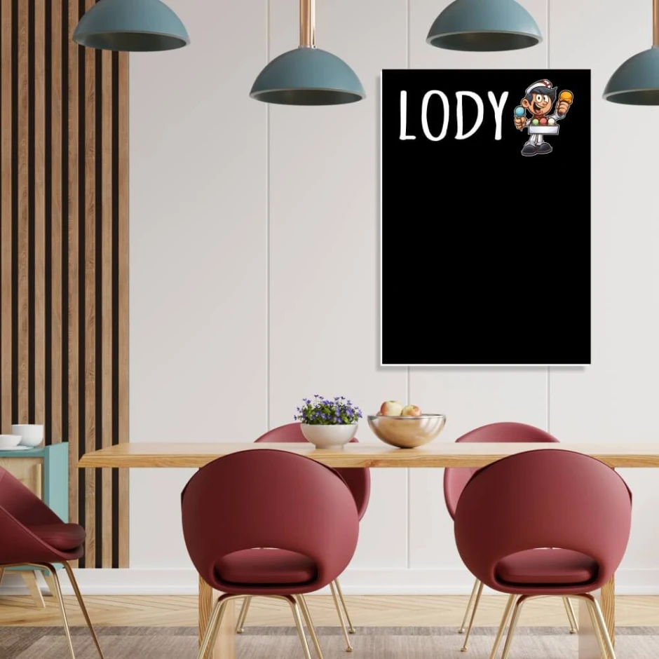 Chalkboard with Ice Cream print - Dining room setup with light walls, wooden accents, and round chairs.