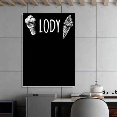 Chalkboard for ice cream shop with printed design featuring two cones and the word ICE CREAM at the top.