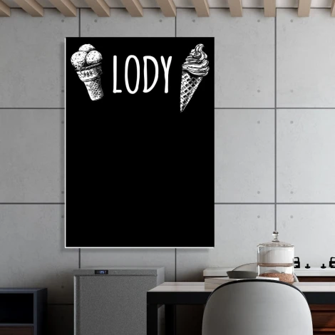 Chalkboard for ice cream shop with printed design featuring two cones and the word ICE CREAM at the top.