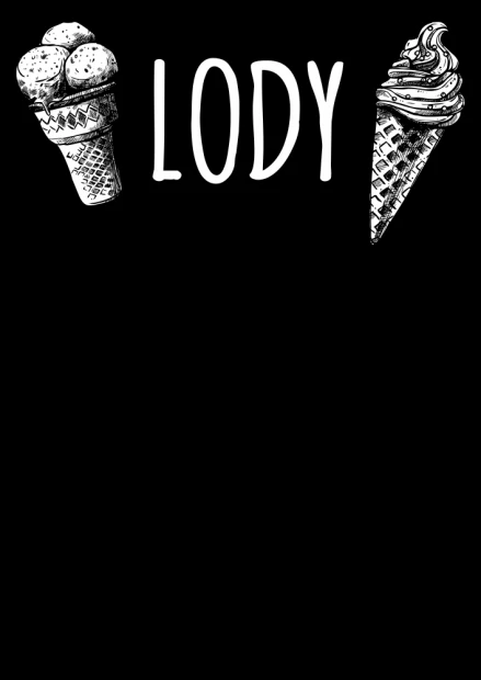 Chalkboard for ice cream shop with printed design featuring two cones and the word ICE CREAM in large letters.