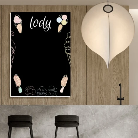 Chalkboard menu for restaurants featuring ice cream design on a black background with illustrations of ice cream.