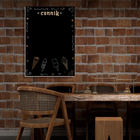 Chalkboard with ice cream price list print for café decor. Dark brick walls and wooden furniture.