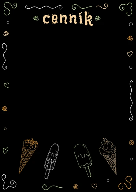 Chalkboard with ice cream price list design. Features ice cream illustrations and decorative lines on a black background.
