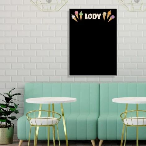 Chalkboard with printed design for gastronomy - Ice Cream 100. Bright walls and mint-colored furniture in café setting.