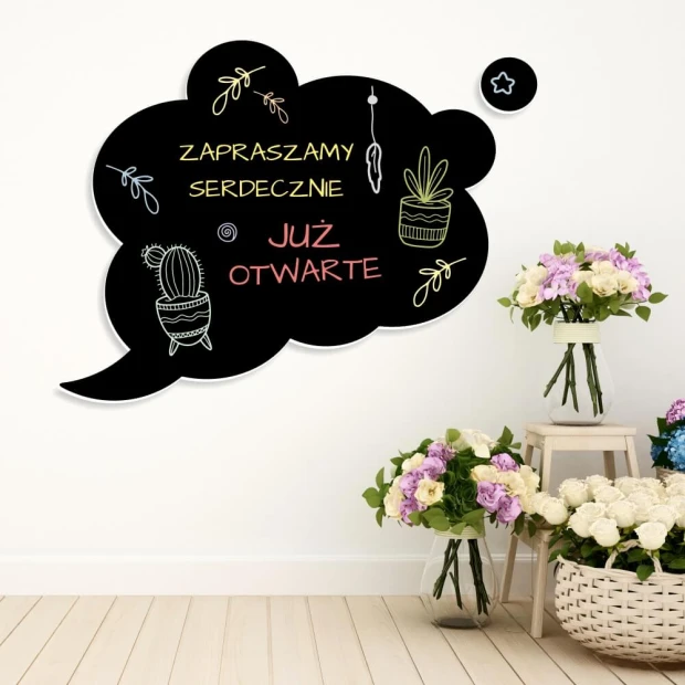 Chalkboard magnetic cloud board 121 - Graphic design with cloud, text, and pastel plant drawings.