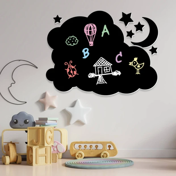 Chalkboard magnetic board for kids featuring a cloud, moon, stars, balloon, house, and bird design.