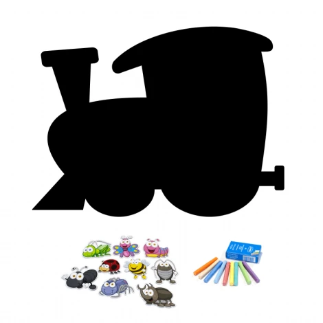 Chalkboard magnetic board for kids Ciuchcia 208 - features a train silhouette and colorful magnets.