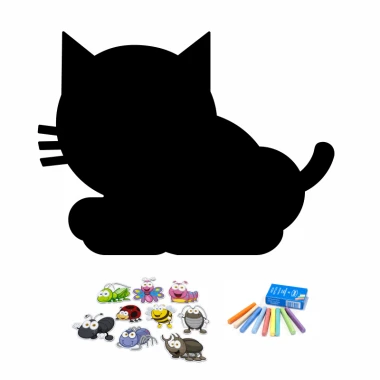 Chalkboard magnetic board for kids in cat shape with clear outlines and colorful magnets included.