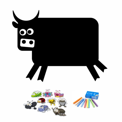 Chalkboard magnetic board for kids, cow design - black cow silhouette with white details and colorful accents.