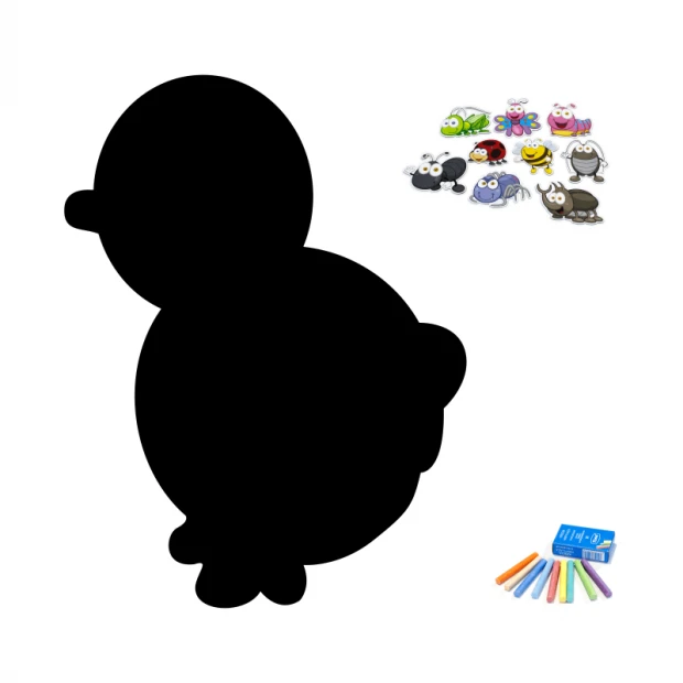 Chalkboard magnetic board for kids, Chicken 221 - Chicken shape with insect elements and colorful design.
