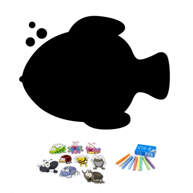 Chalkboard magnetic board for kids, fish design with bubbles and colorful magnets.
