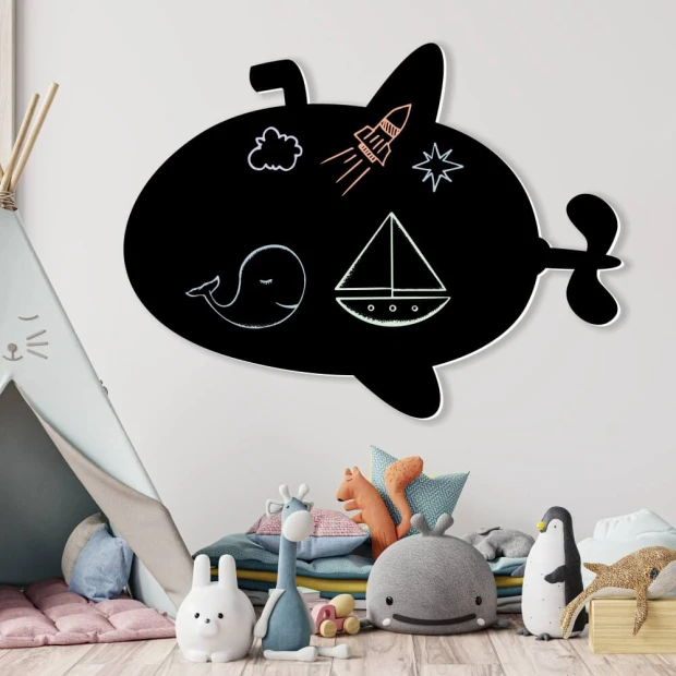 Chalkboard magnetic board for kids, submarine design with rocket drawings.