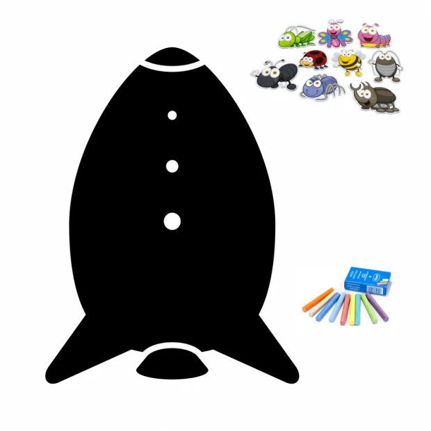 Chalkboard magnetic board for kids in rocket shape with round details and colorful design.