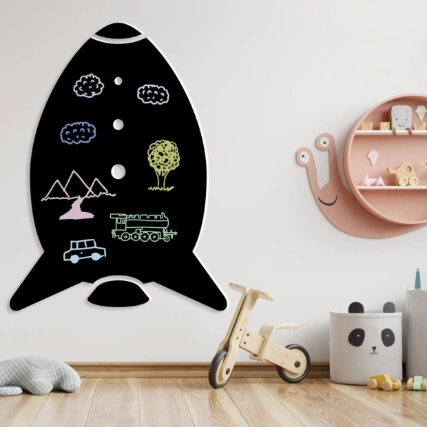 Chalkboard magnetic board for kids, rocket design - Ideal for bright children\'s room decor.