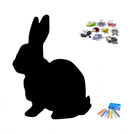 Chalkboard magnetic board for kids featuring a bunny design with colorful insects and crayons.