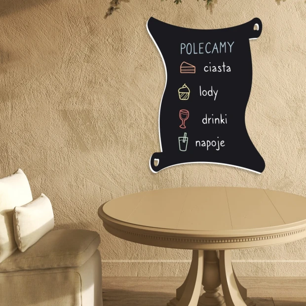 Chalkboard magnetic menu board for bars and restaurants, styled in a beige dining room with a light table.