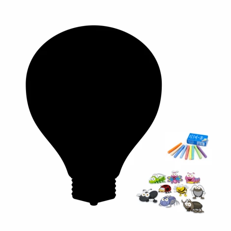 Chalkboard magnetic board for office, light bulb design featuring insect shapes and crayons.
