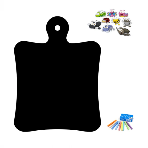 Chalkboard magnetic board for kitchen, cutting board design 046 - Black board shaped like a cutting board with colors.