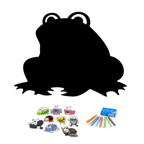 Chalkboard magnetic board for kids\' room, Frog 264 - Black frog shape with colorful accents.