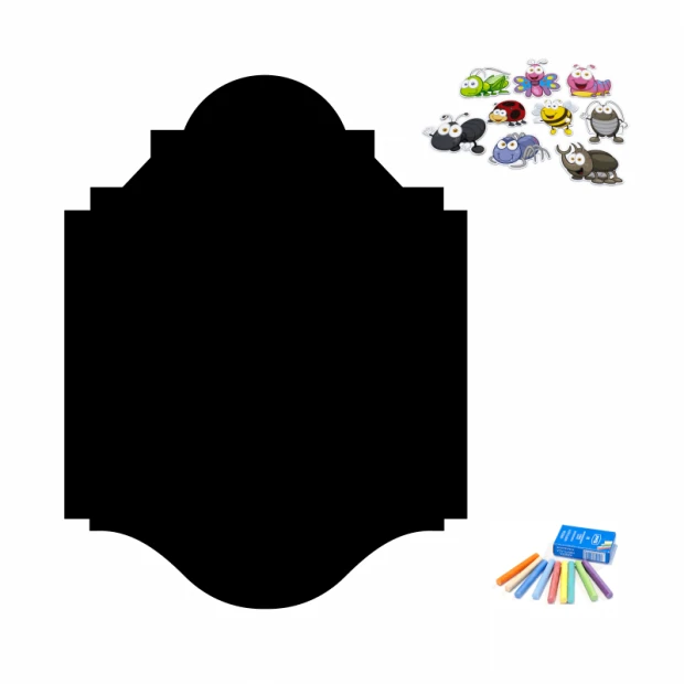 Chalkboard magnetic menu 129 - oval black board with colorful magnets and chalks.