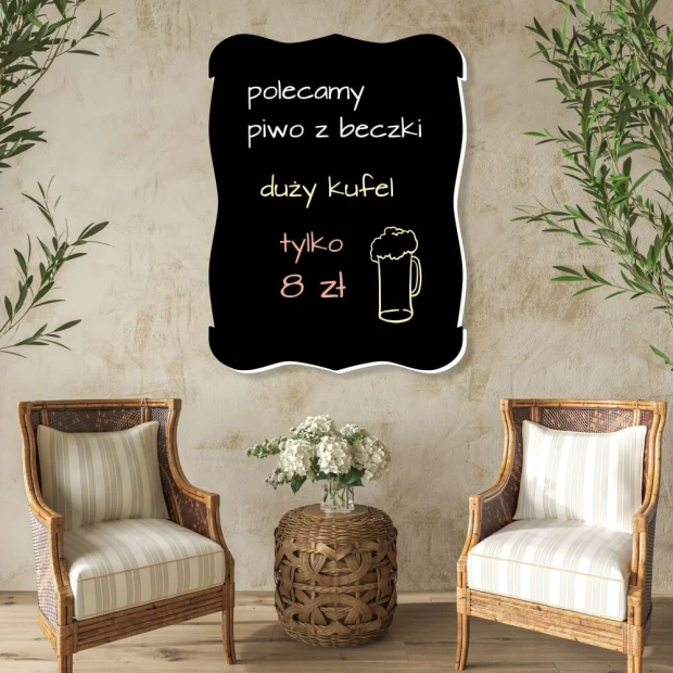 Chalkboard magnetic board Menu, decorative frame 359 - Café arrangement with light-colored walls and stylish furniture.