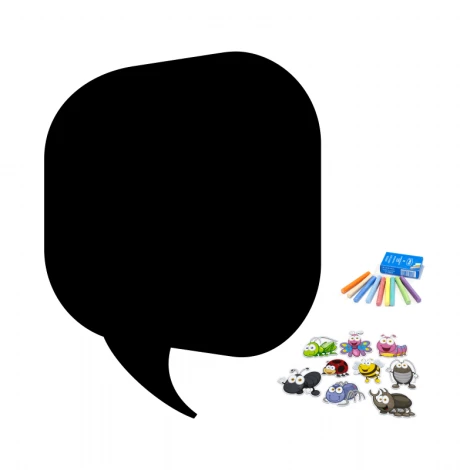 Chalkboard magnetic note board 166 - Large black speech bubble with colorful markers and magnets.