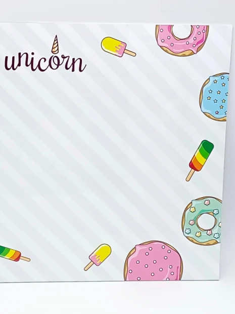 Unicorn dry-erase board for kids 525 - Features colorful ice creams and donuts on a white background.