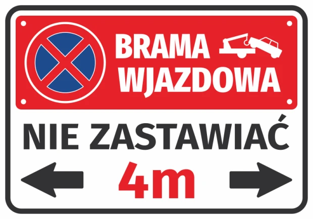 Driveway sticker, do not block, with space for gate width - Graphic design. Red background with blue symbol.