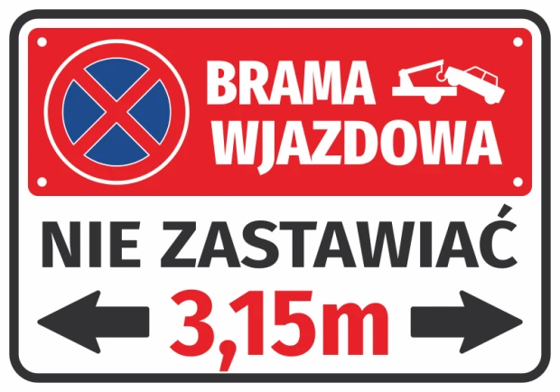Entrance gate sticker, do not block, with space for gate width - Graphic design. Red background, blue no entry sign.