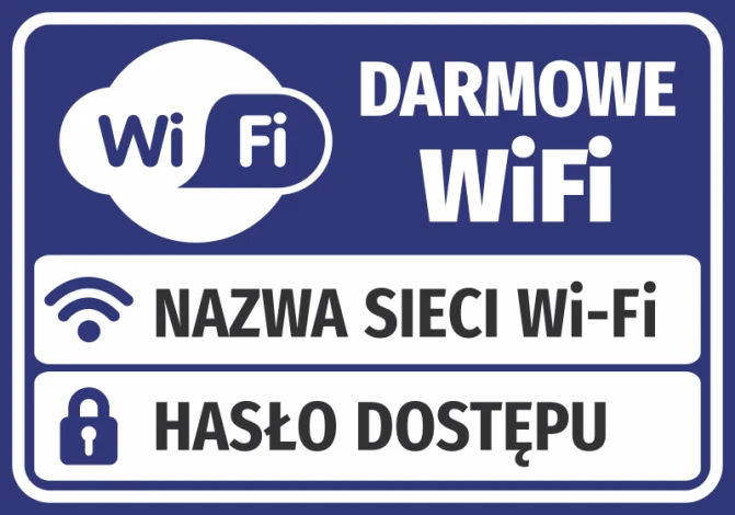 Free WiFi sticker with fields for access details - Graphic design featuring WiFi symbols and space for network name.