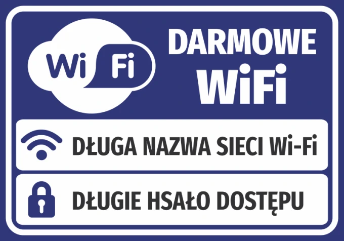 Free WiFi sticker with fields for access details - Graphic design. Blue background with white WiFi icons.