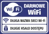 Free WiFi sticker with fields for access details - Graphic design. Blue background with white WiFi icons.