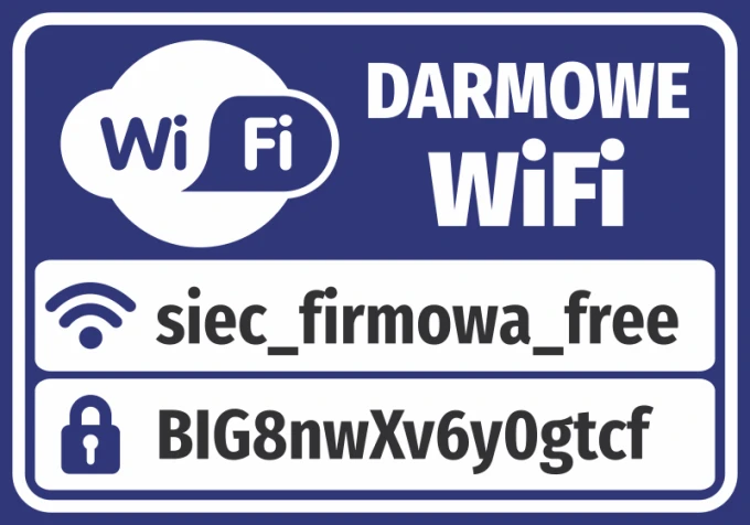 Free WiFi sticker with fields for access details - Graphic design featuring WiFi logo and white text.