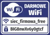 Free WiFi sticker with fields for access details - Graphic design featuring WiFi logo and white text.