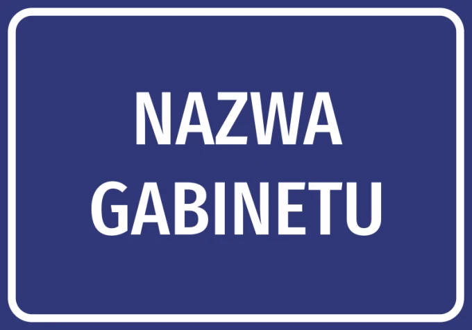 Office sticker for medical room with space for name - simple blue rectangle with white text.