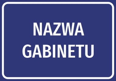 Office sticker for medical room with space for name - simple blue rectangle with white text.