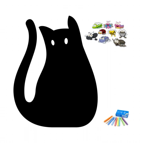 Magnetic chalkboard Cat 273 - Cat-shaped design with big ears and eyes, alongside colorful magnets in various shapes.