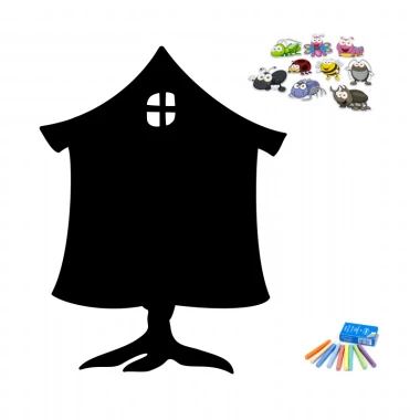 Chalkboard magnetic board for kids in a house shape with a window and colorful characters.